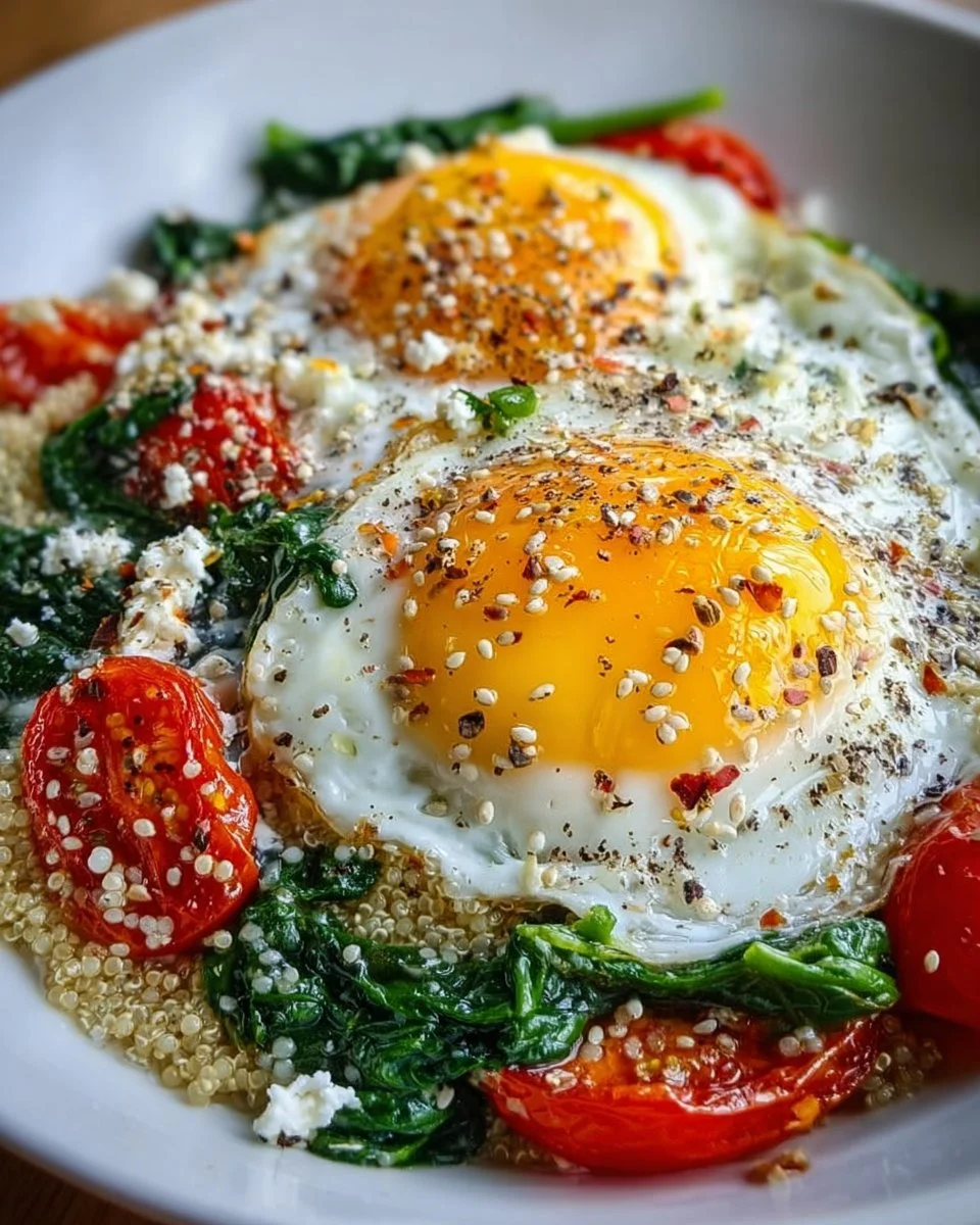Healthy breakfast bowl with egg, spinach, and feta cheese