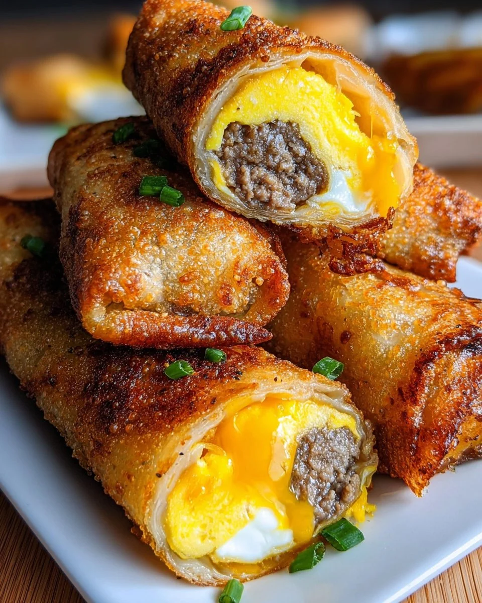 Delicious breakfast egg rolls filled with eggs, cheese, and veggies