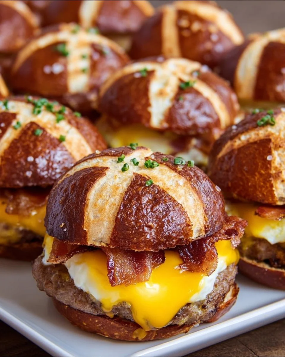 Breakfast sliders served on pretzel buns, perfect for a tasty morning meal.