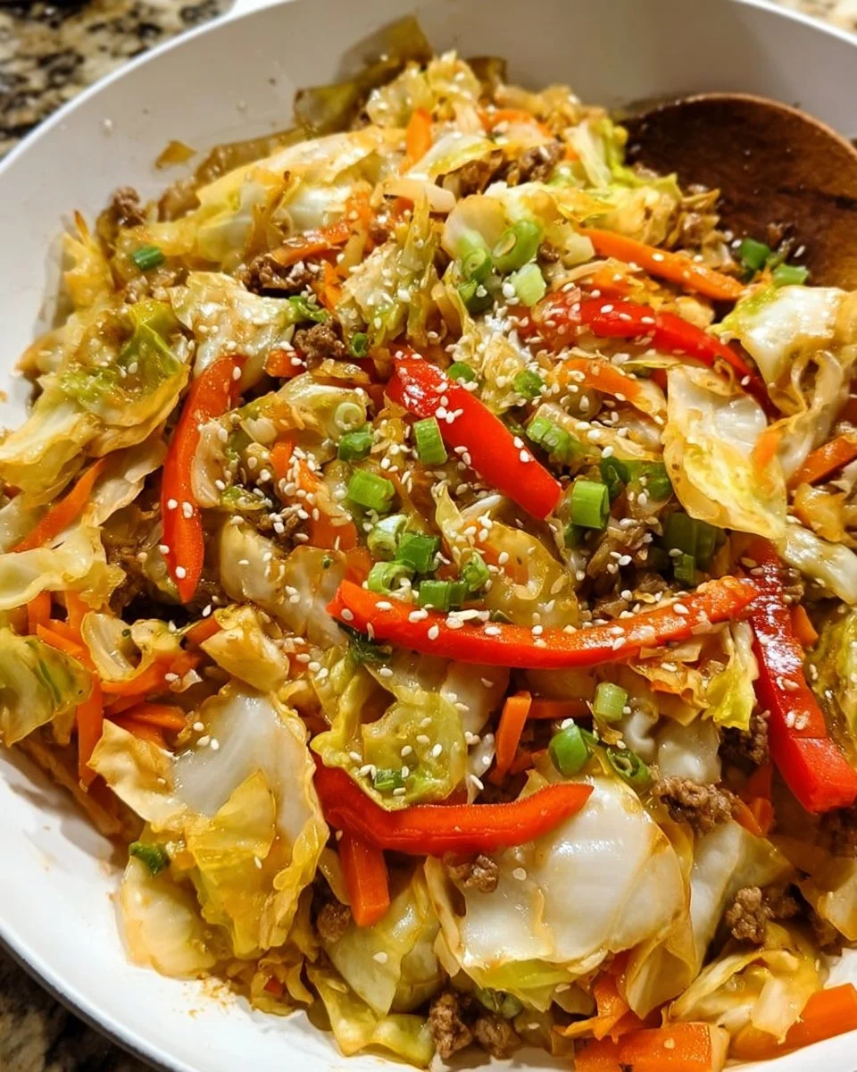 Colorful cabbage stir fry with mixed vegetables in a pan