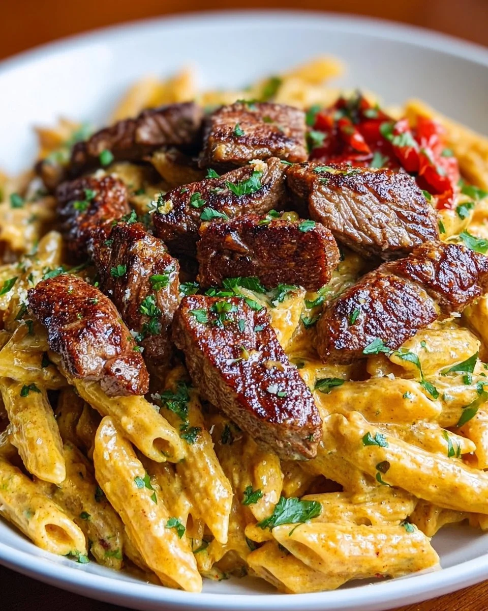 Cajun Steak Tips served in Cheesy Penne Parmesan Sauce on a plate