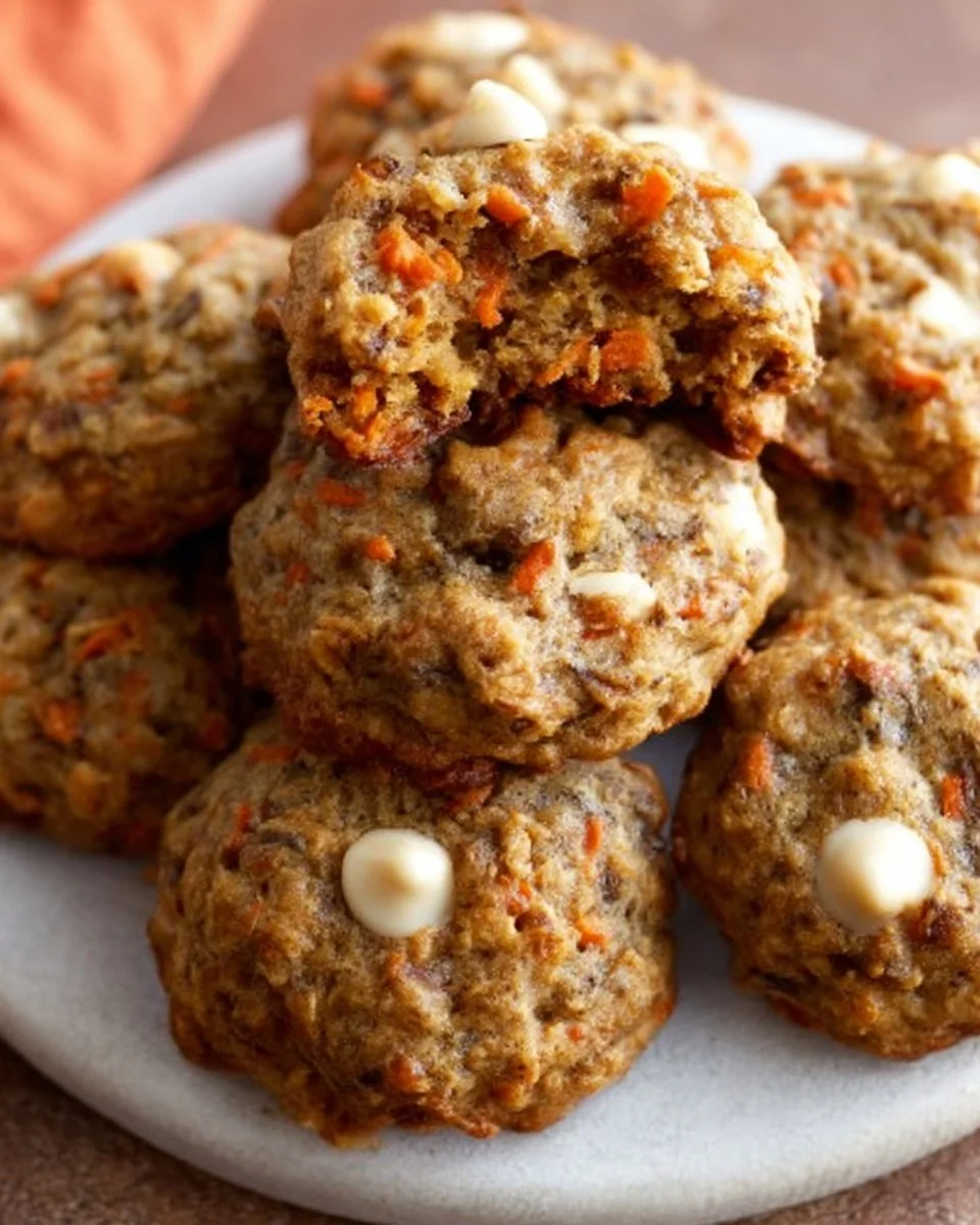 Deliciously baked Carrot Cake Cookies on a plate with frosting and nuts