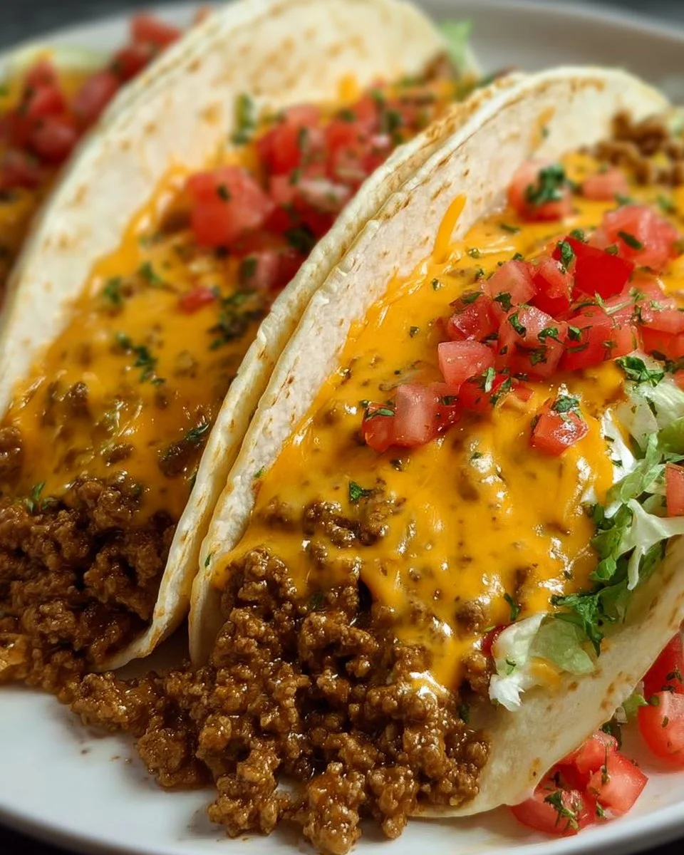 Delicious cheesy Rotel beef soft tortilla tacos served on a plate