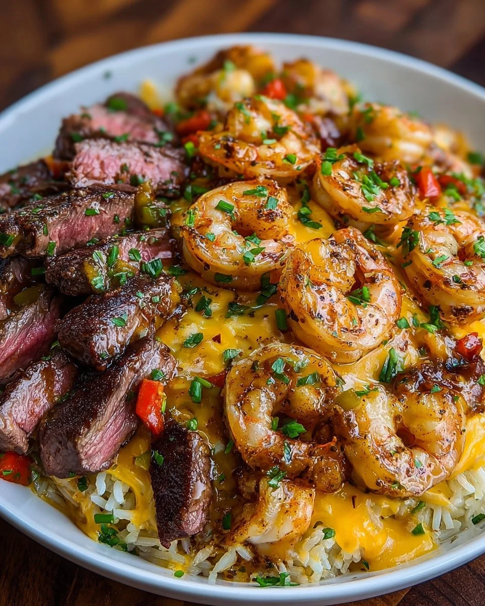 Cheesy steak and shrimp skillet bowl served with melted cheese and veggies