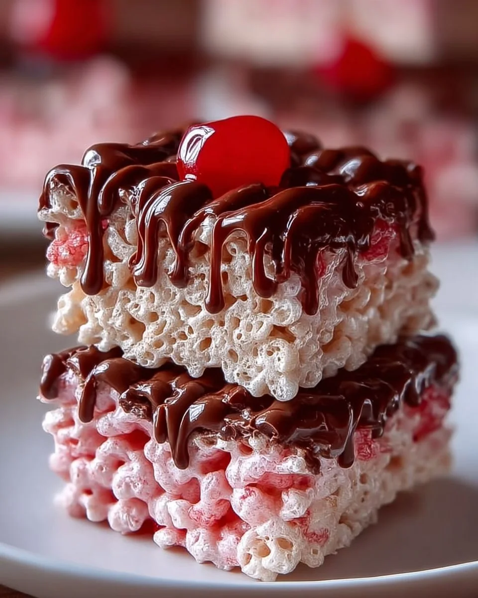 Delicious Cherry Rice Krispie Treats topped with cherries and drizzled with chocolate