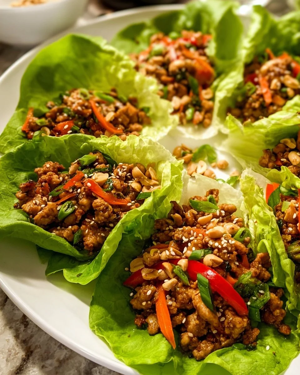 Tasty chicken lettuce wraps served on a plate with fresh vegetables