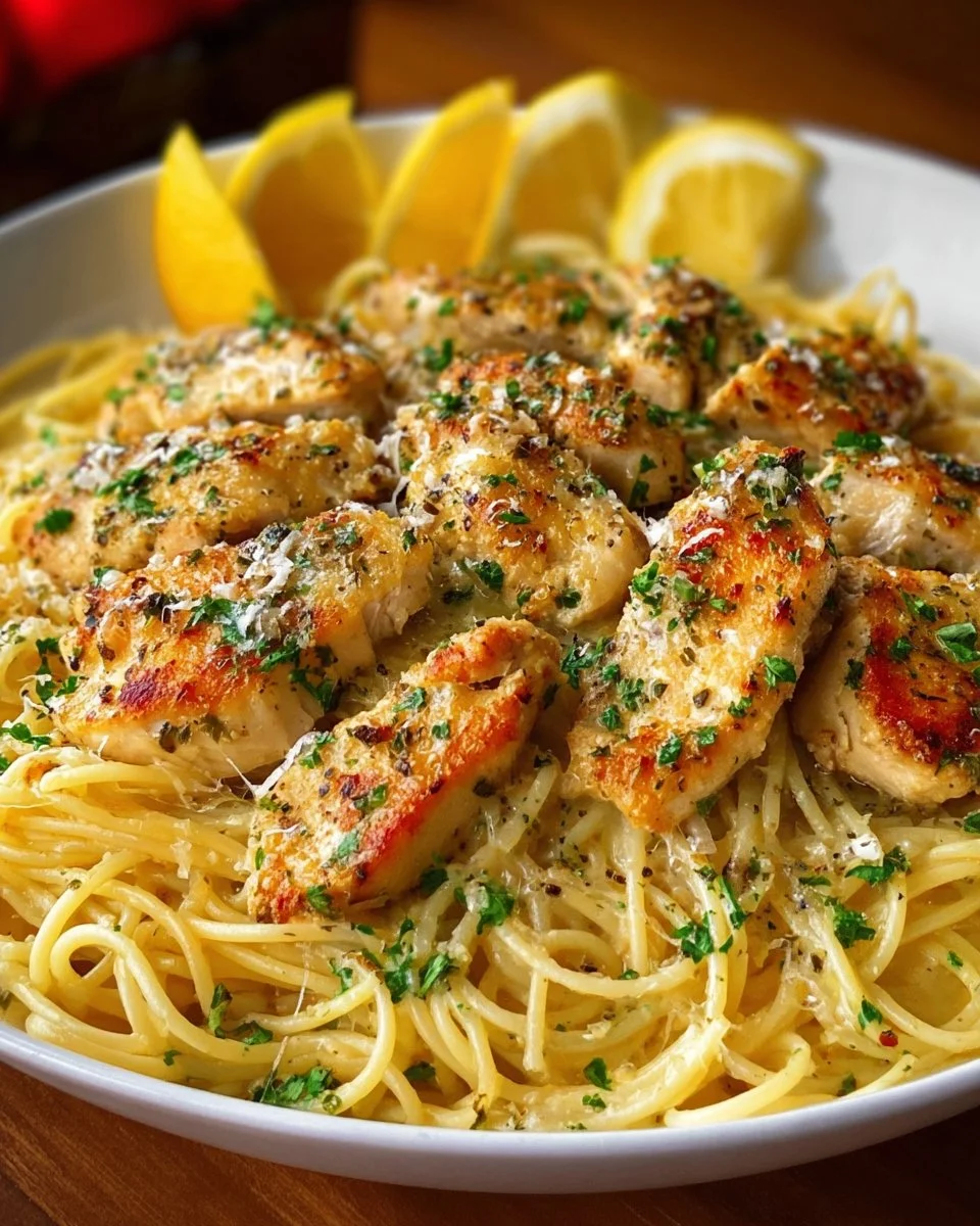 Plate of Chicken Scampi with pasta and herbs, a delicious Italian dish