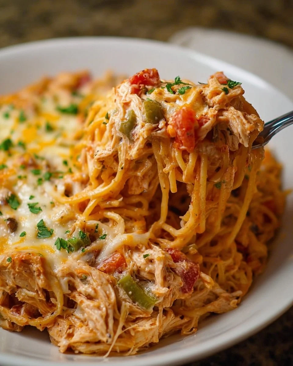 Chicken Spaghetti Casserole topped with cheese and herbs in a baking dish.