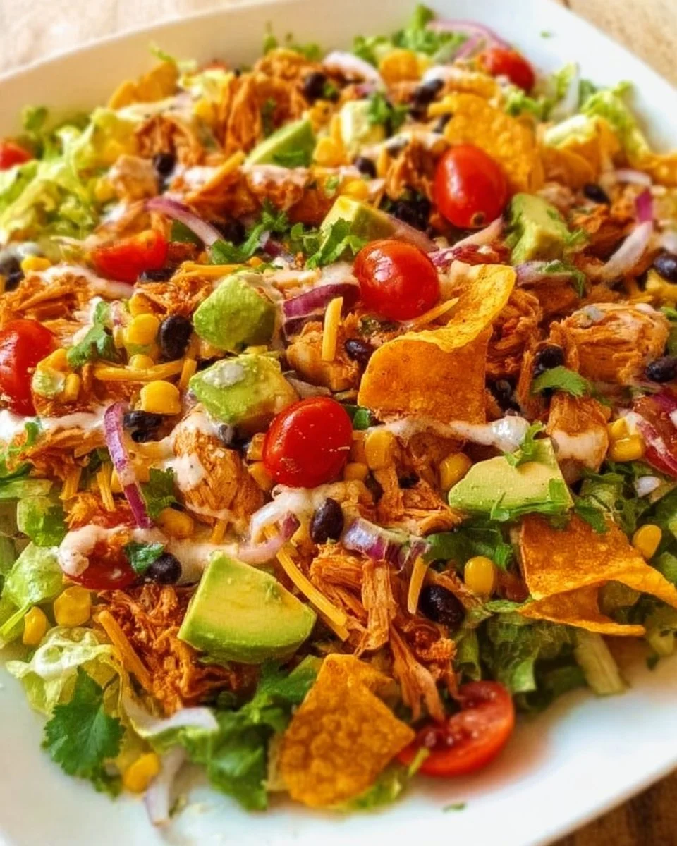 A vibrant chicken taco salad with fresh vegetables, chicken, and taco toppings.