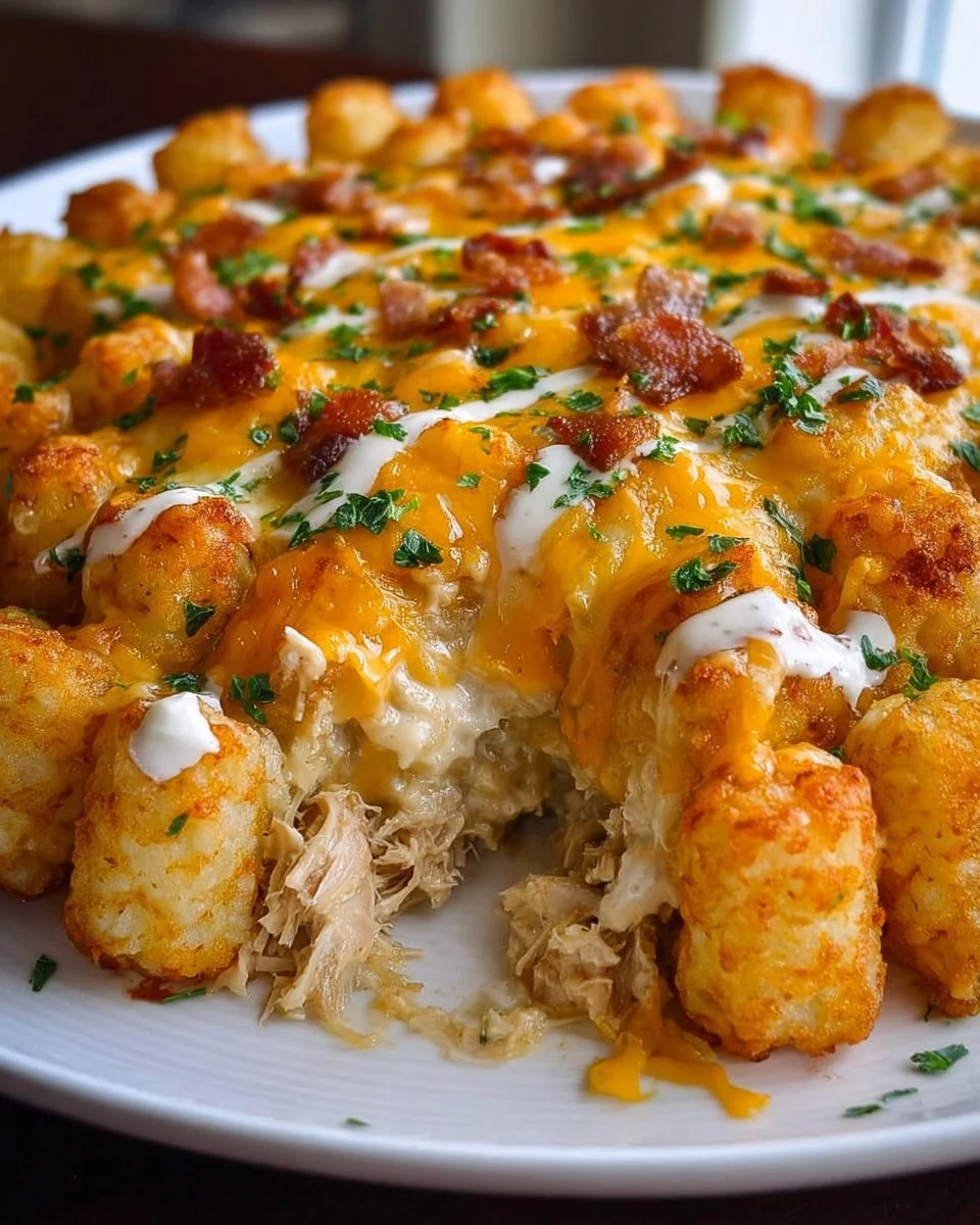 Delicious Chicken Tater Tot Casserole topped with golden crispy tater tots