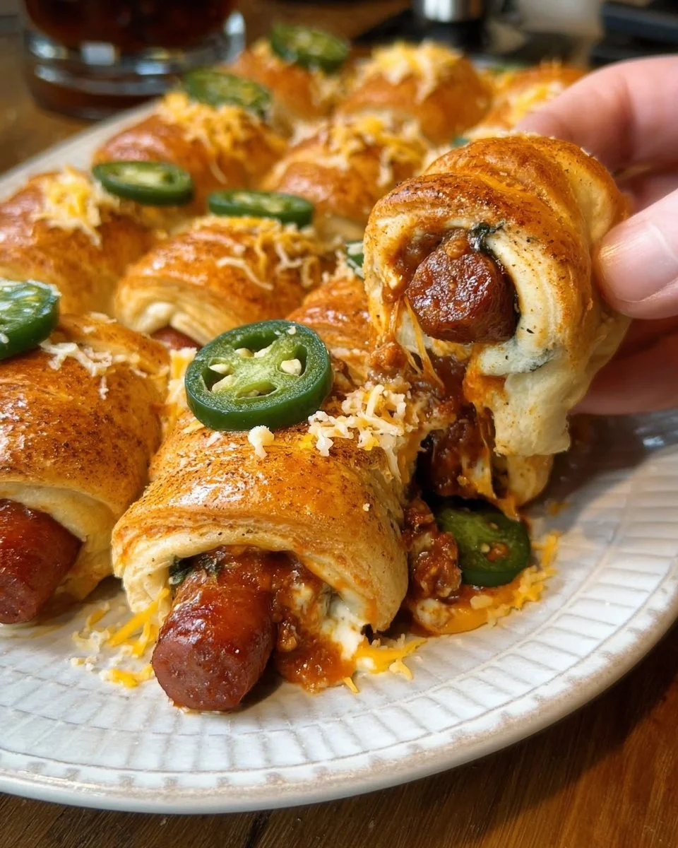 Plate of spicy chili dog poppers garnished with onions and cheese