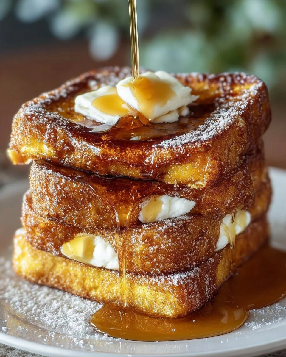 Delicious Churro French Toast drizzled with syrup and topped with powdered sugar.