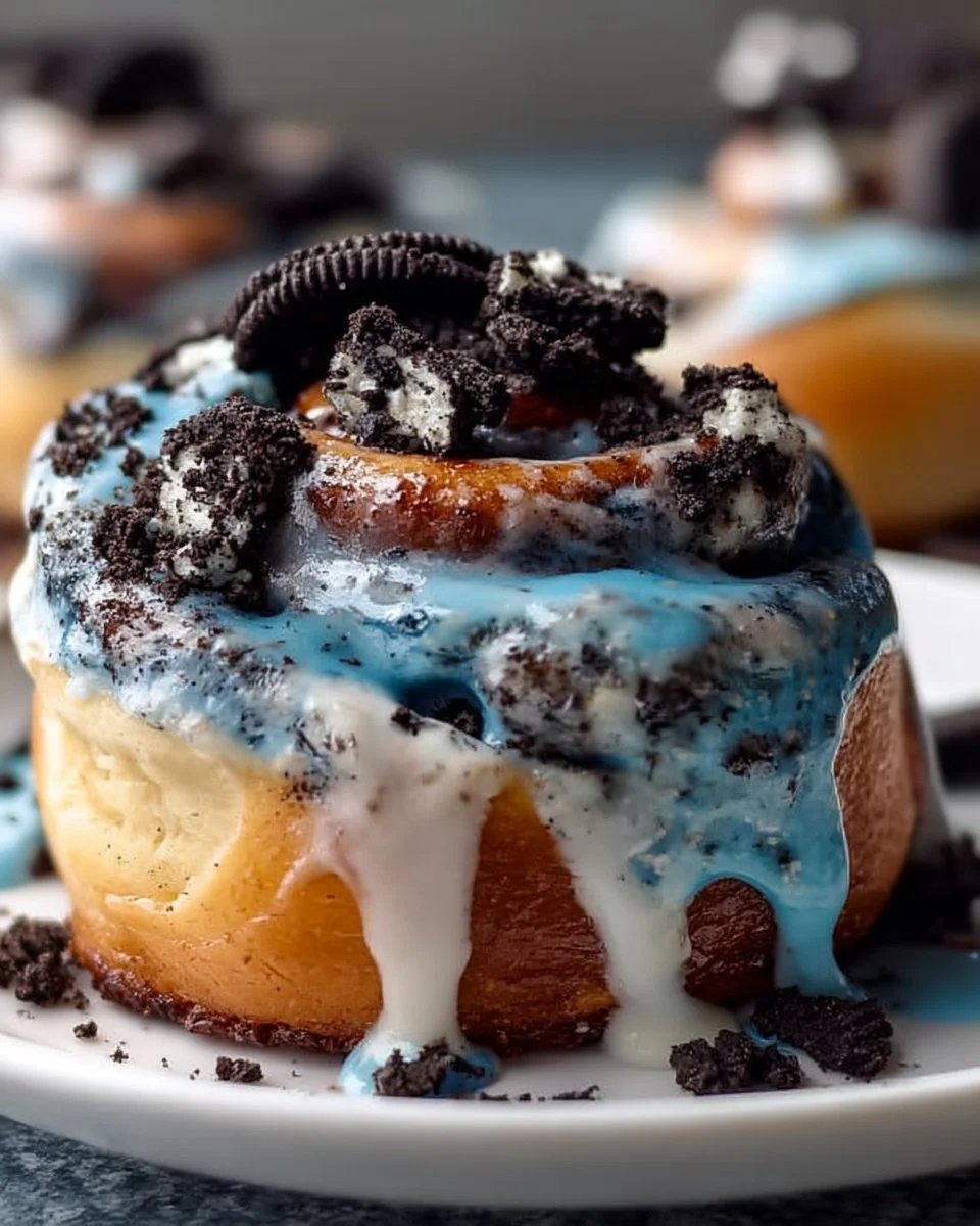 Cookie Monster cinnamon rolls topped with blue frosting and cookies