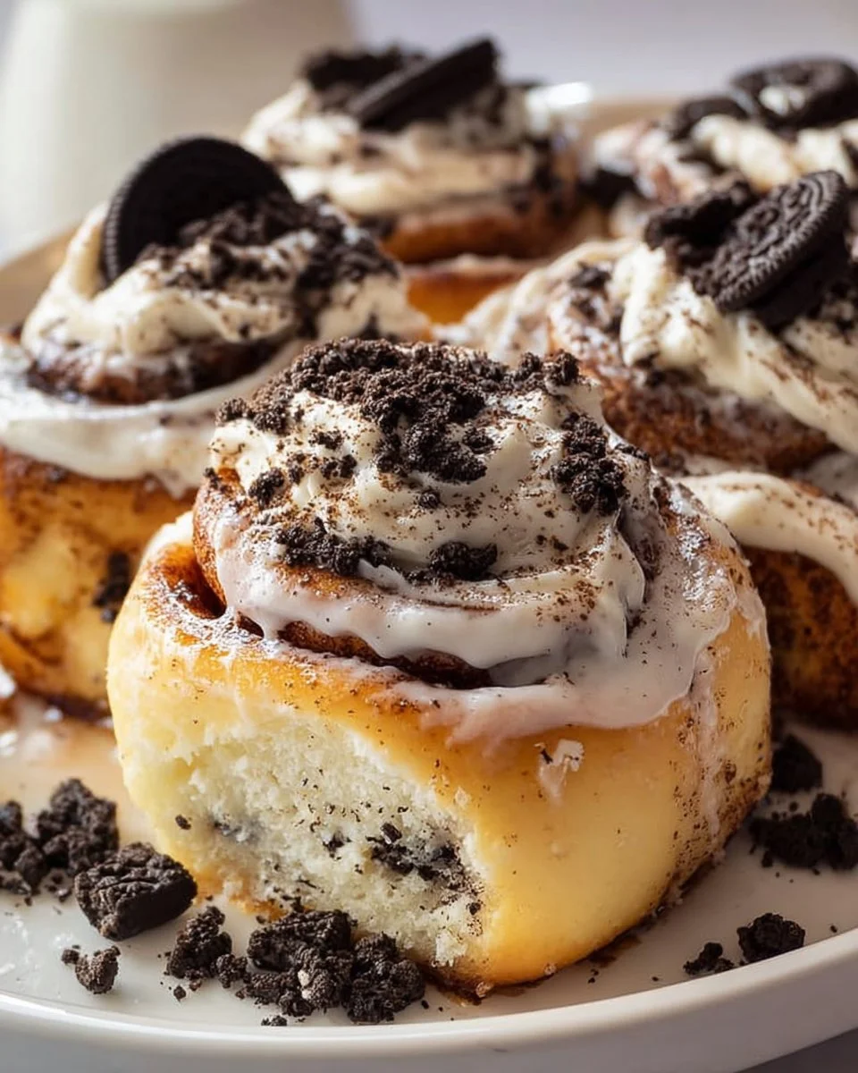 Delicious Cookies and Cream Cinnamon Rolls topped with cream frosting