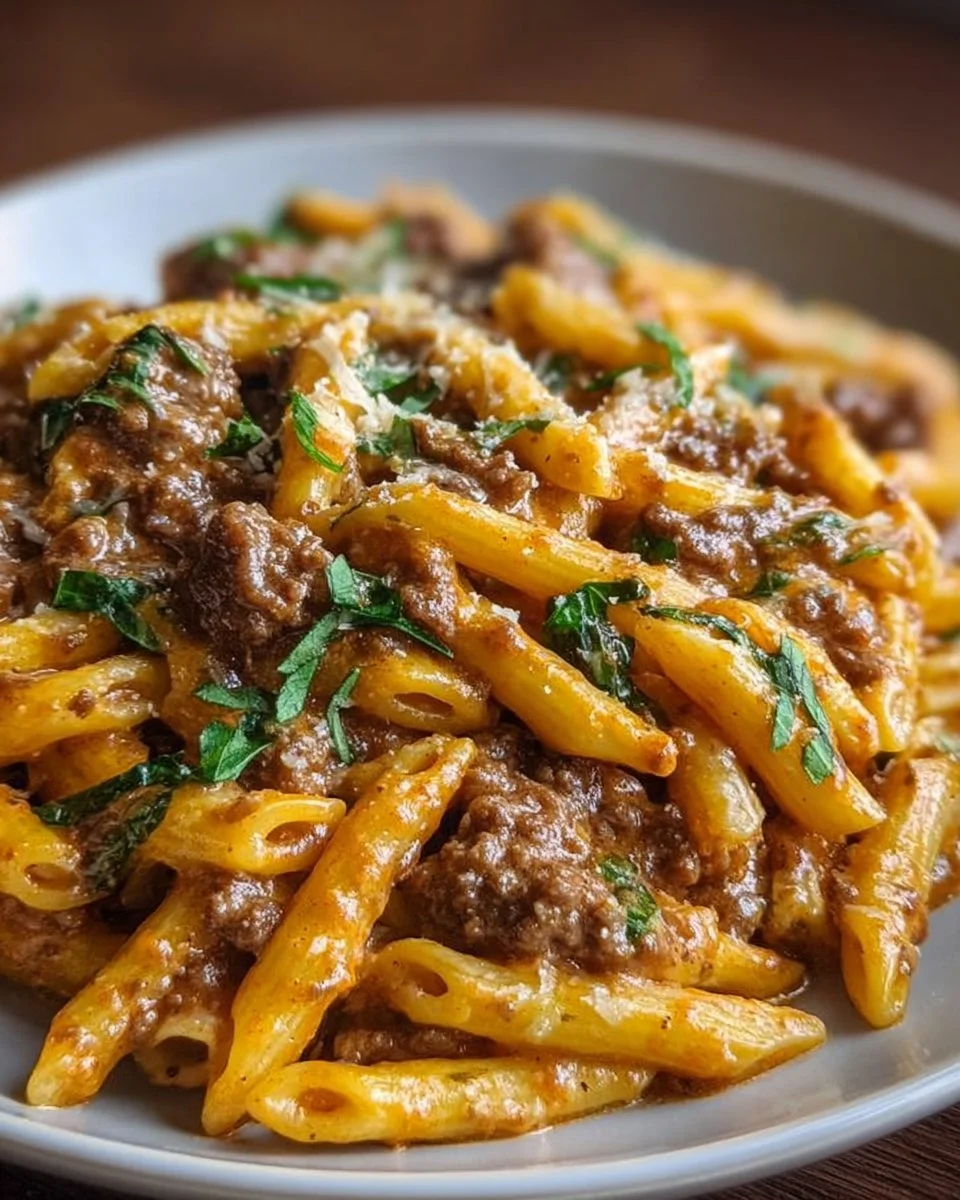 Creamy beef pasta dish with a rich sauce and pasta