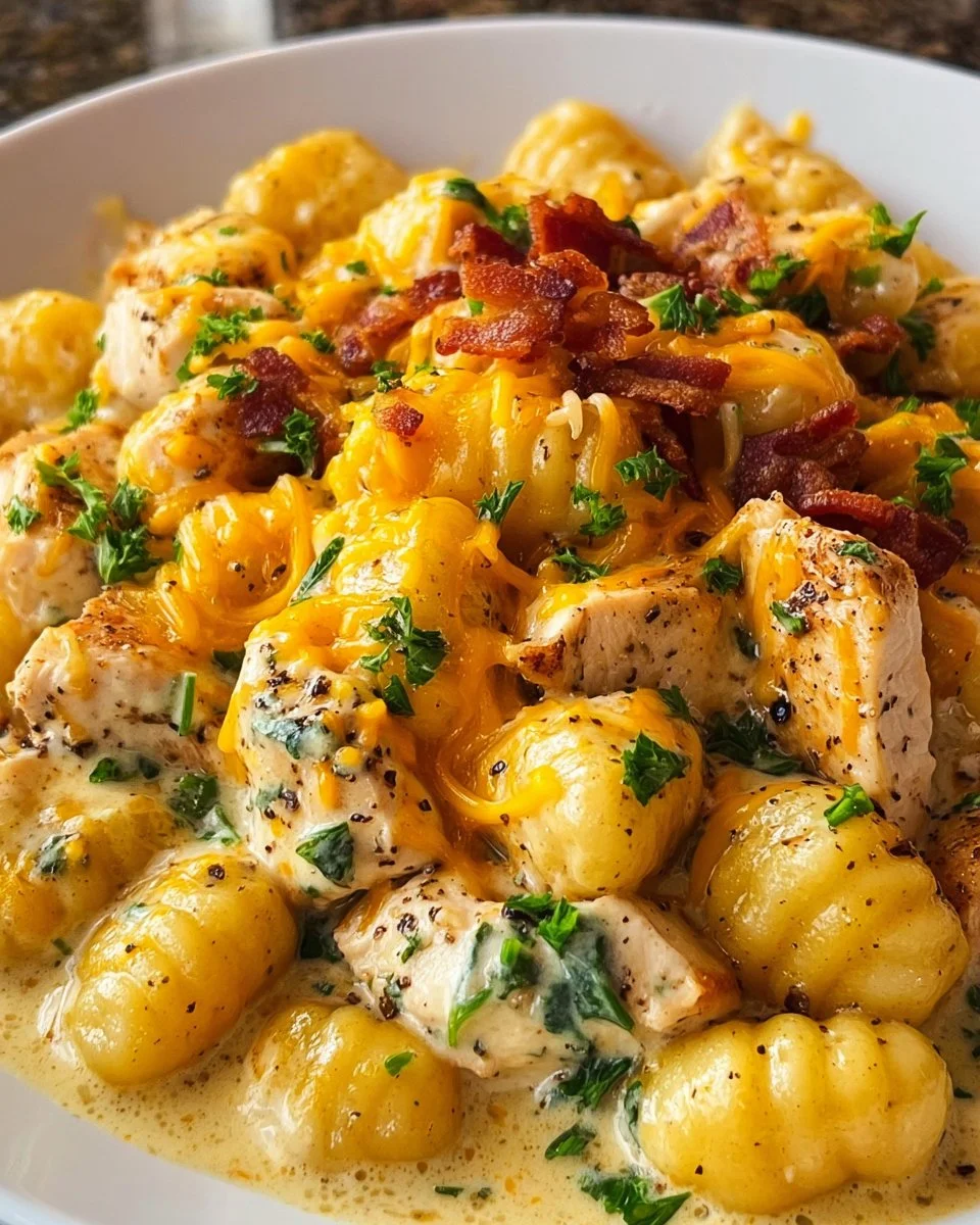Creamy Crack Chicken Gnocchi in a bowl garnished with herbs