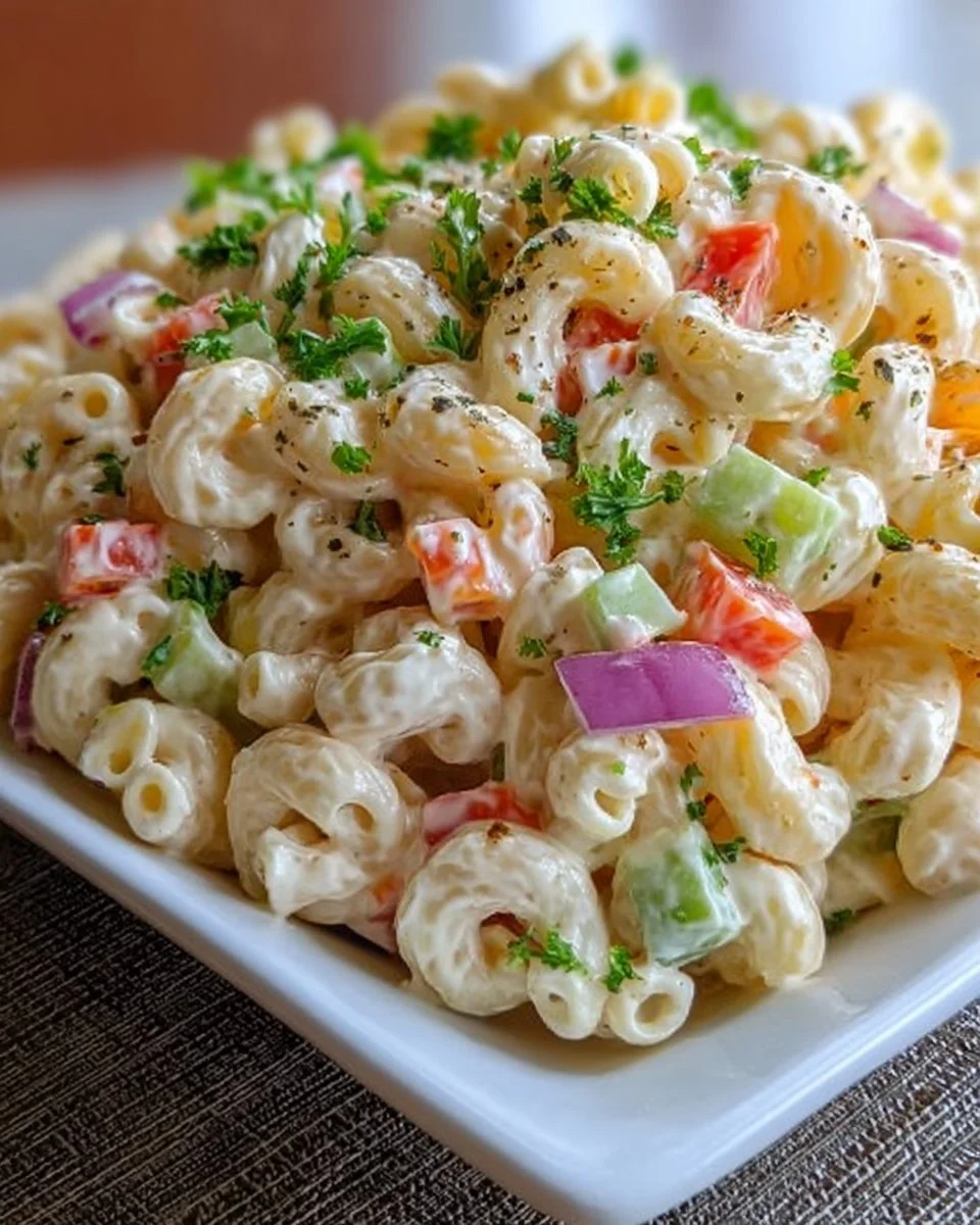 Delicious creamy macaroni salad in a bowl, ideal for summer picnics.