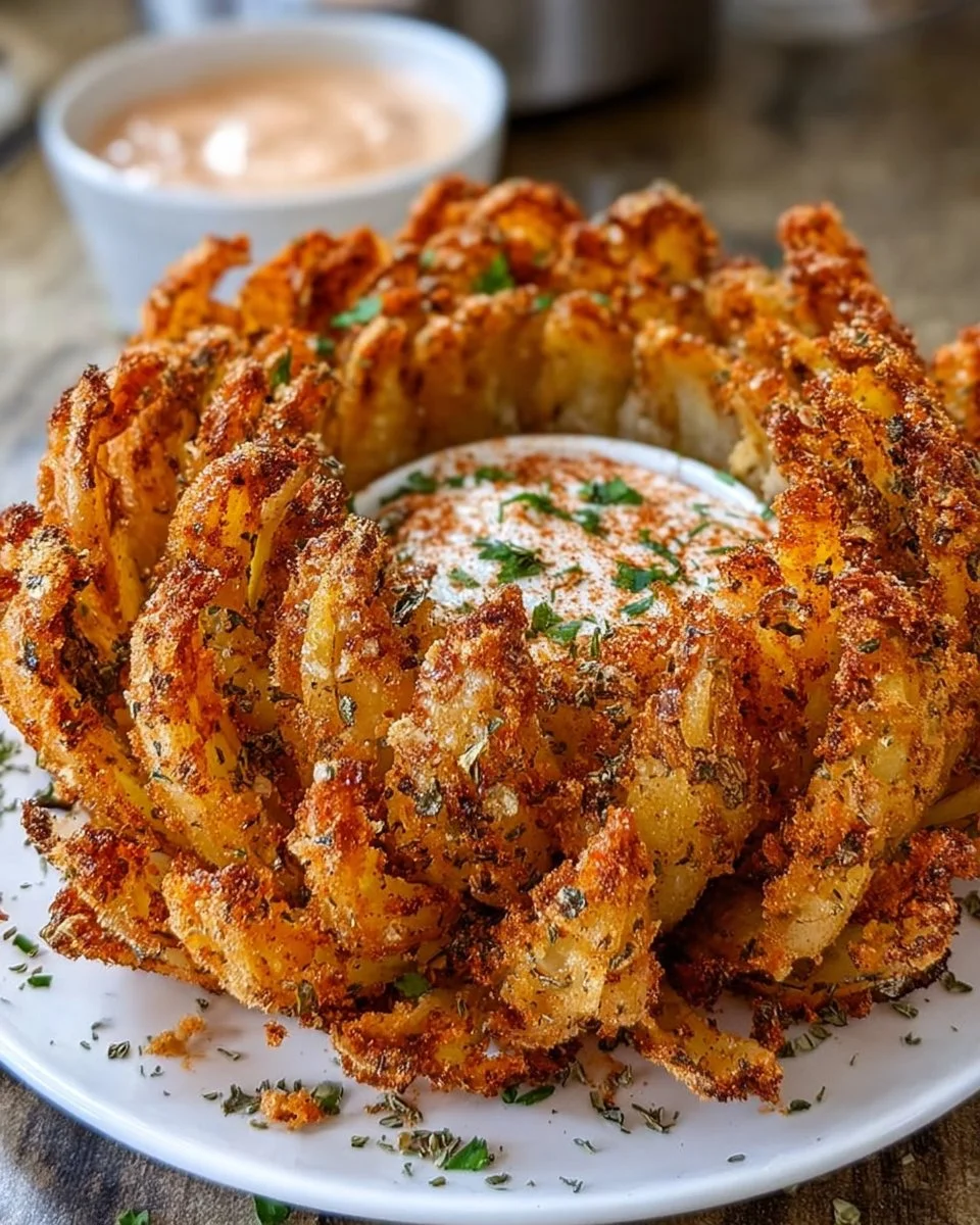 Crispy air fryer blooming onion ready to serve with dipping sauce
