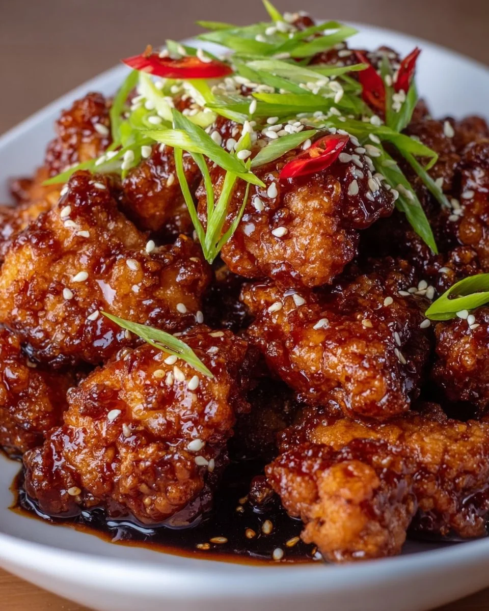 Crispy Air Fryer General Tso's Chicken served on a plate with vegetables