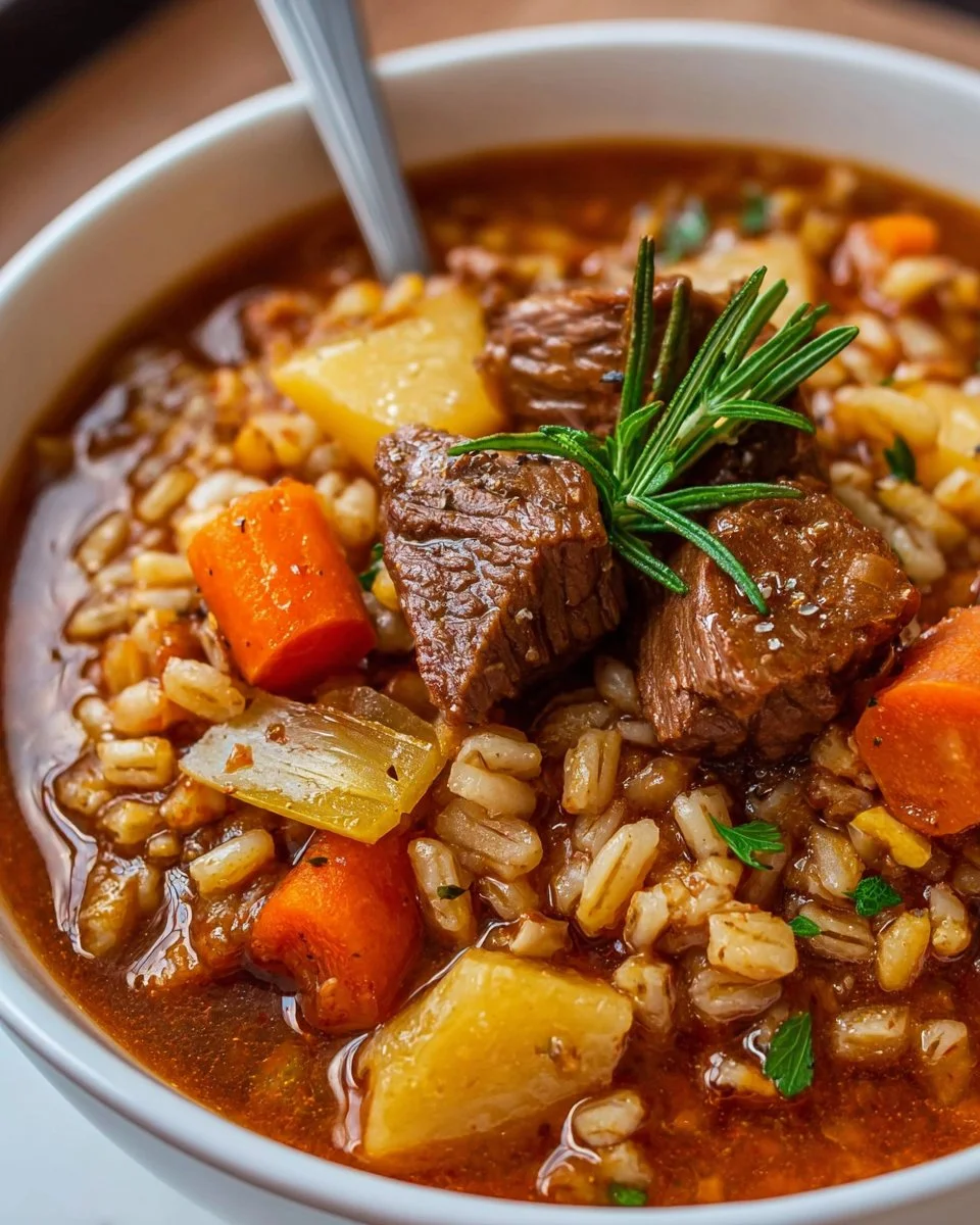 Crockpot Beef Barley Soup in a bowl garnished with fresh herbs.