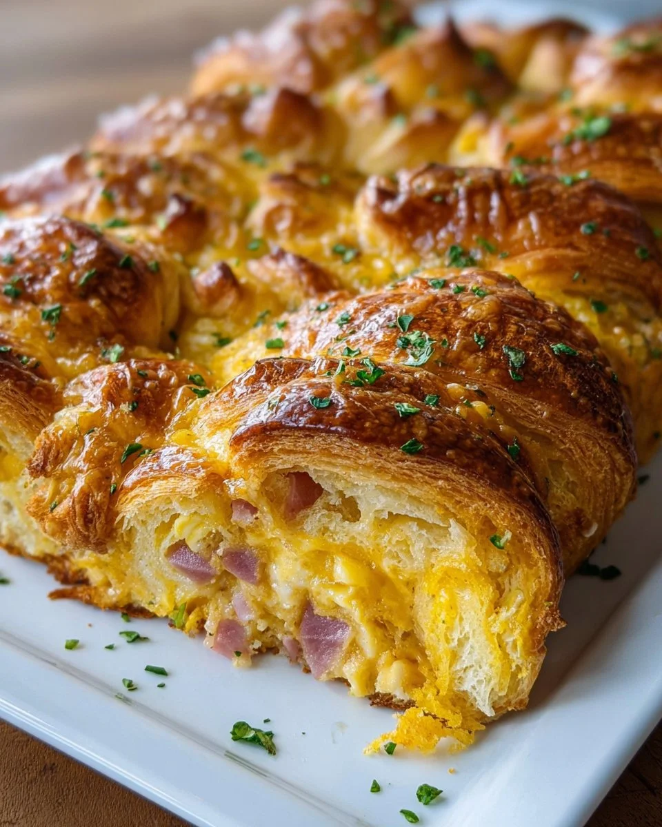 Delicious croissant casserole served in a baking dish with fresh herbs