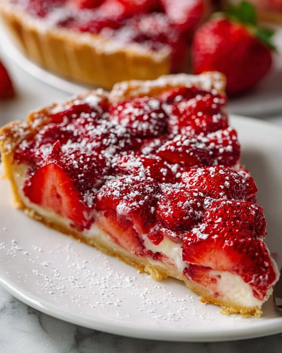 Delicious crustless strawberry pie topped with fresh strawberries