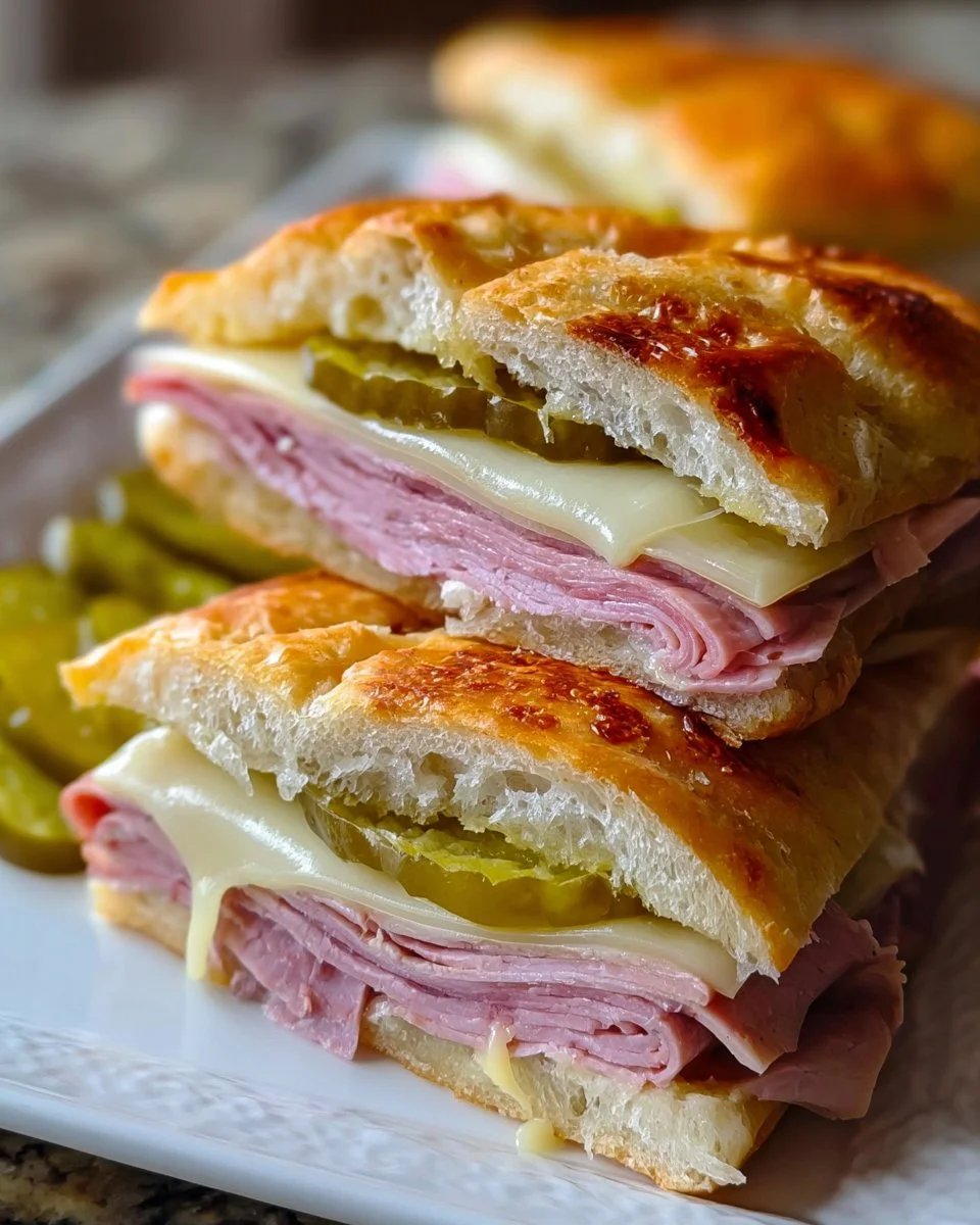 A delicious Cuban Sandwich featuring layers of roasted pork, ham, cheese, and pickles.