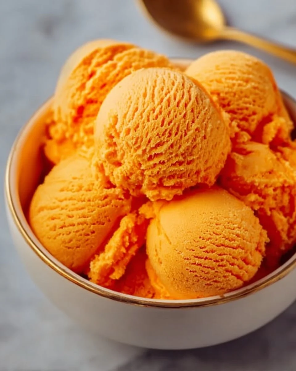 Delicious carrot ice cream served in a bowl with vibrant orange color.