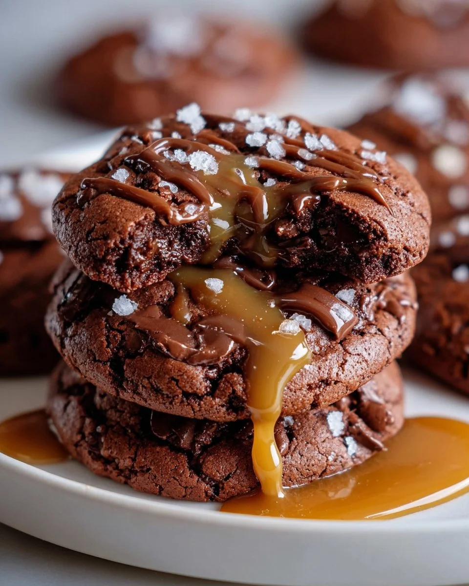 Double Chocolate Salted Caramel Cookies with melted chocolate and sea salt