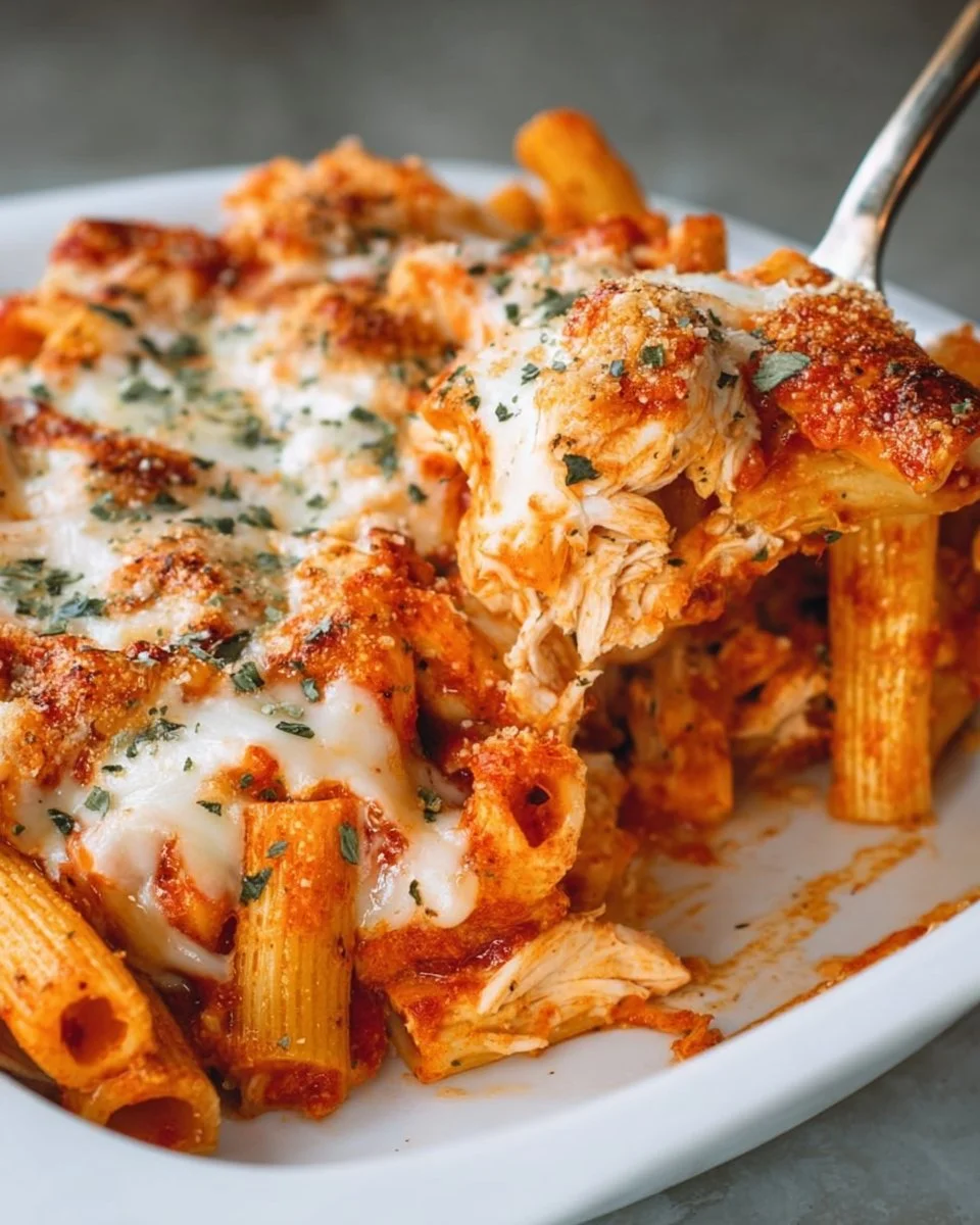 Easy chicken parmesan casserole topped with cheese and marinara sauce