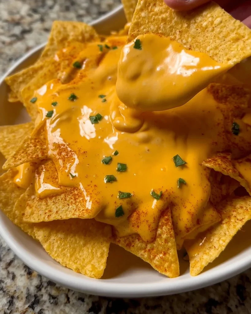 Bowl of easy homemade nacho cheese with tortilla chips