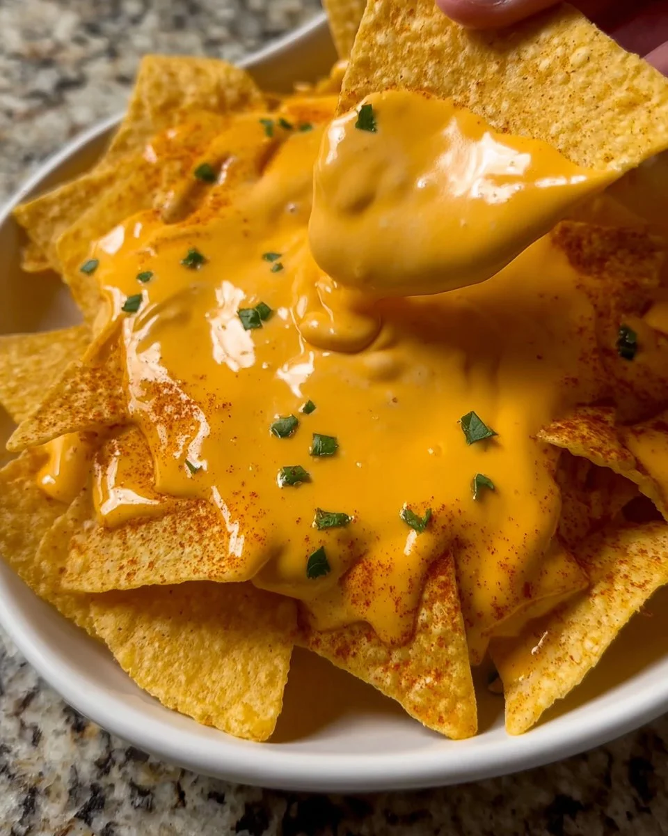 Bowl of easy homemade nacho cheese with tortilla chips