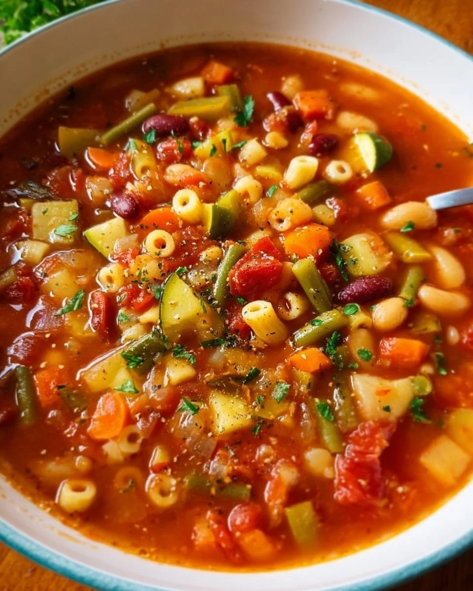 Bowl of easy minestrone soup with fresh vegetables and beans