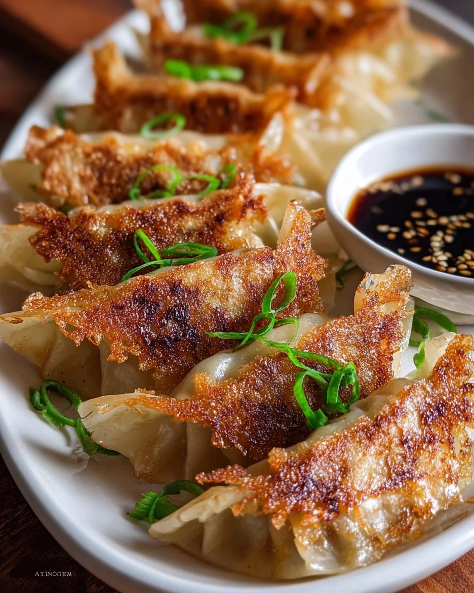 Pan-fried Japanese gyoza dumplings served on a plate