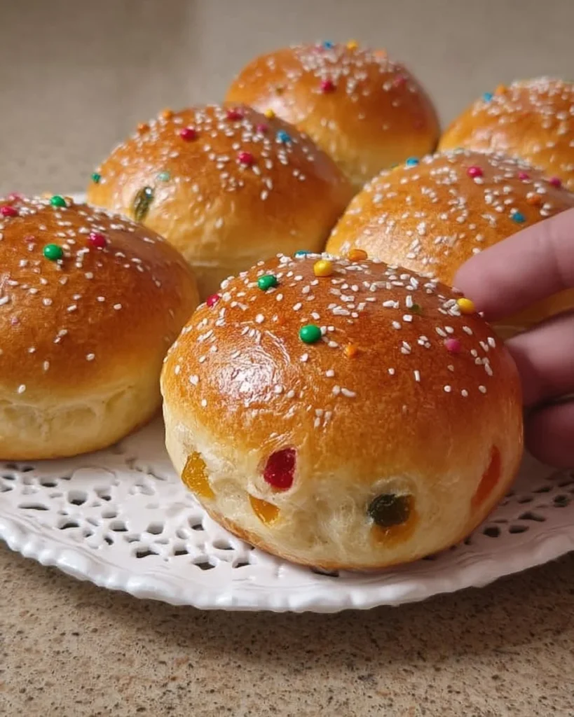 Freshly baked Eggless Tutti Frutti Buns with colorful candied fruits