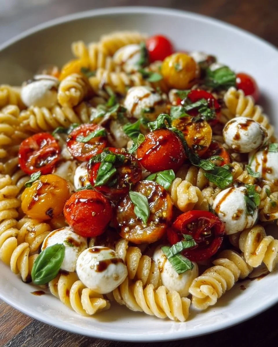 Delicious Caprese Pasta Salad with tomatoes, mozzarella, and basil