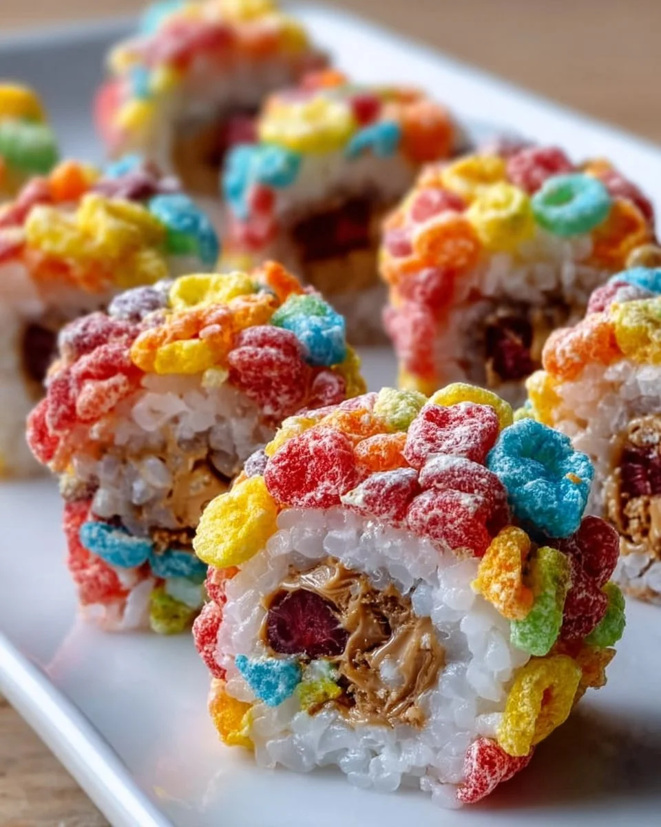 Colorful Fruity Pebbles Sushi roll made with sweet ingredients and vibrant toppings.