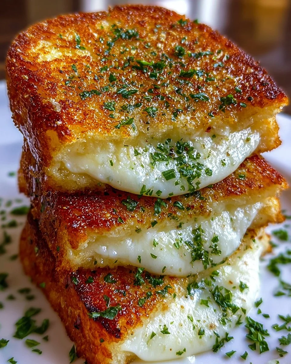Melted garlic bread grilled cheese sandwich with crispy edges and gooey cheese