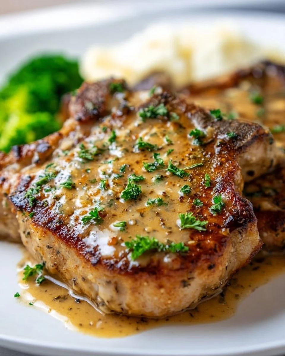 Delicious Garlic Parmesan Pork Chops served on a plate with herbs