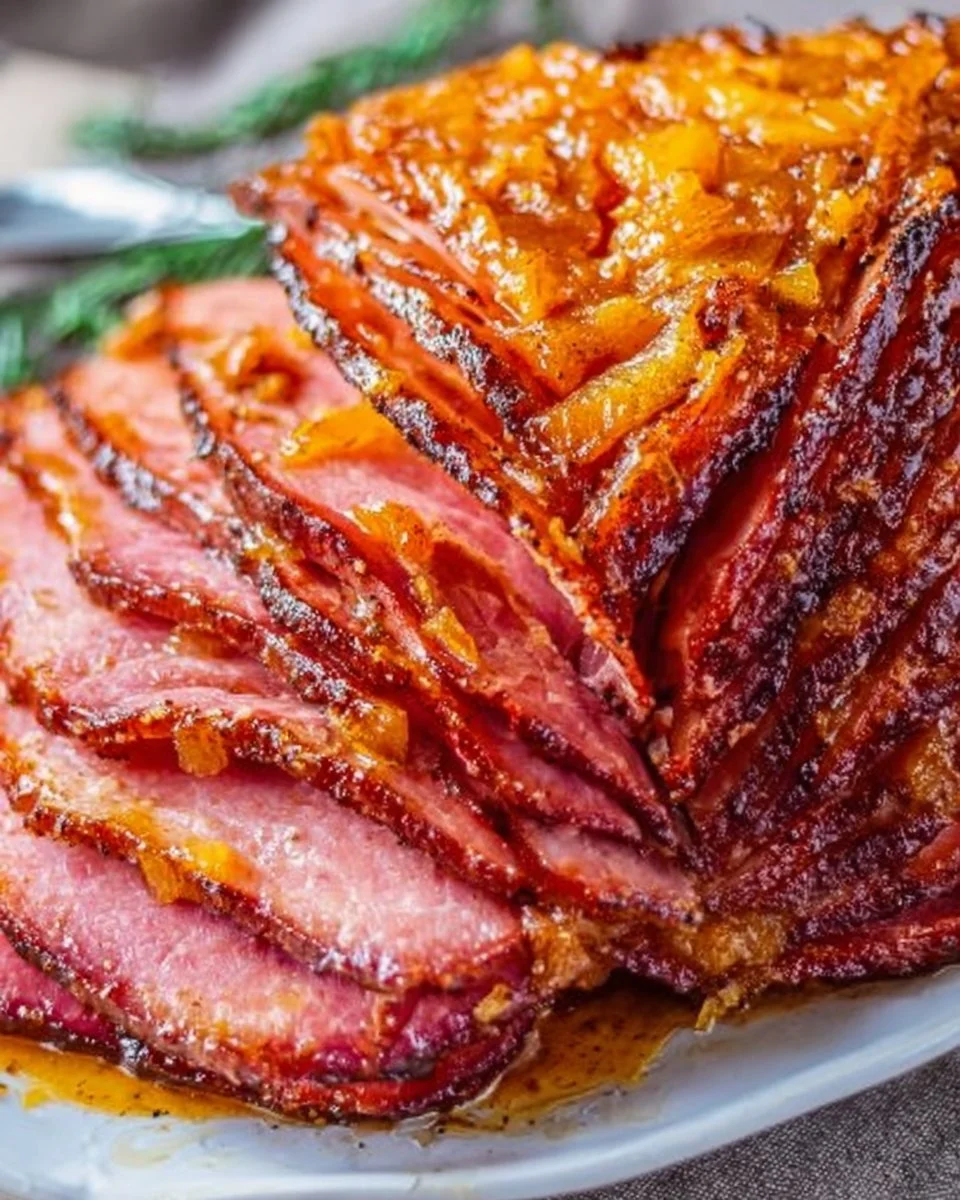 Delicious glazed ham served on a platter with garnishes