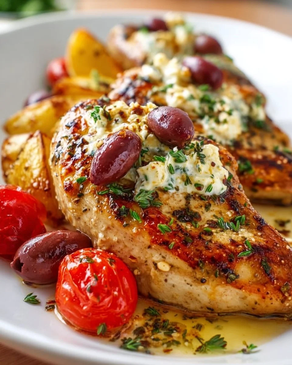 Delicious Greek chicken dinner served with fresh vegetables and herbs.