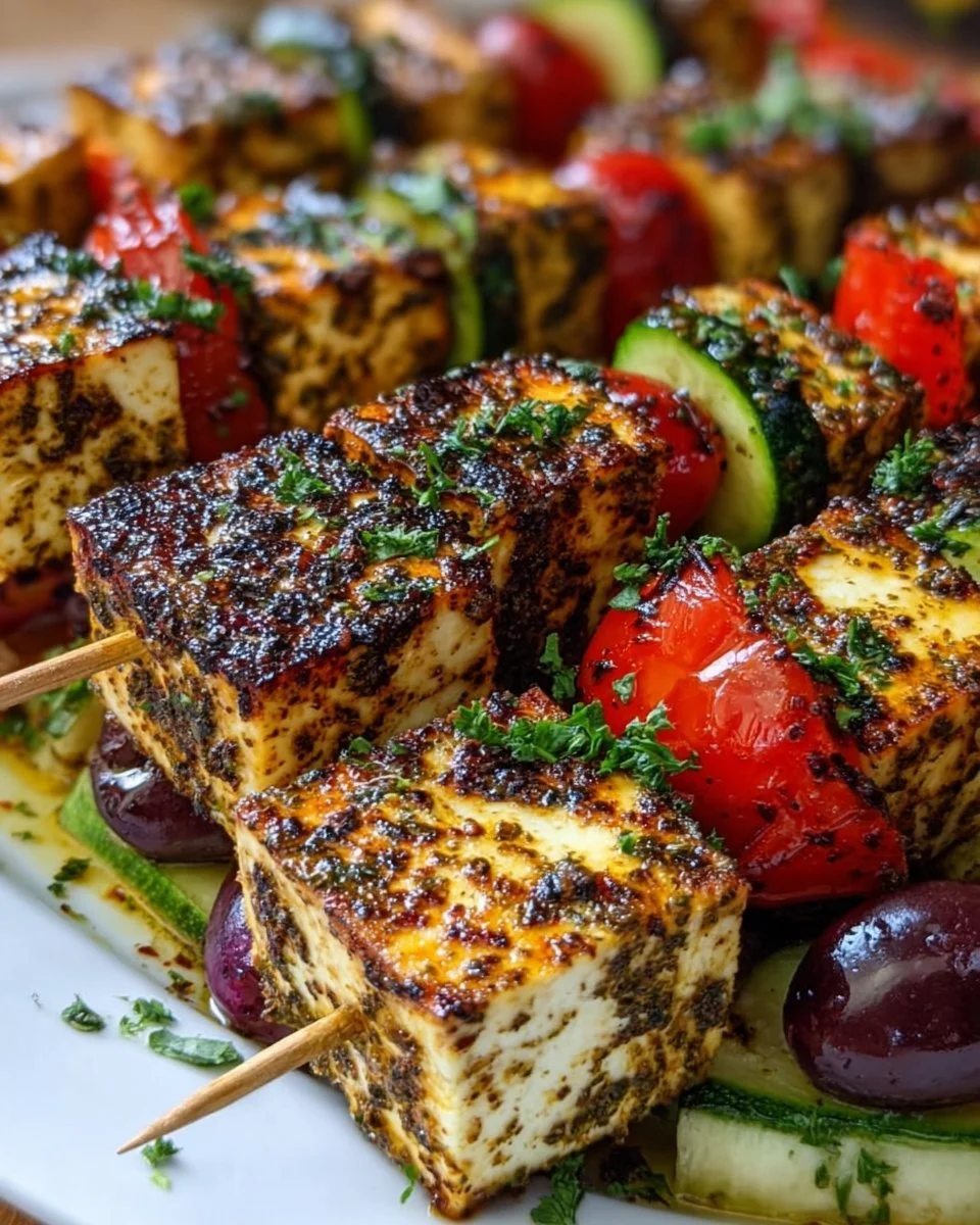 Grilled za'atar tofu skewers on a plate garnished with fresh herbs