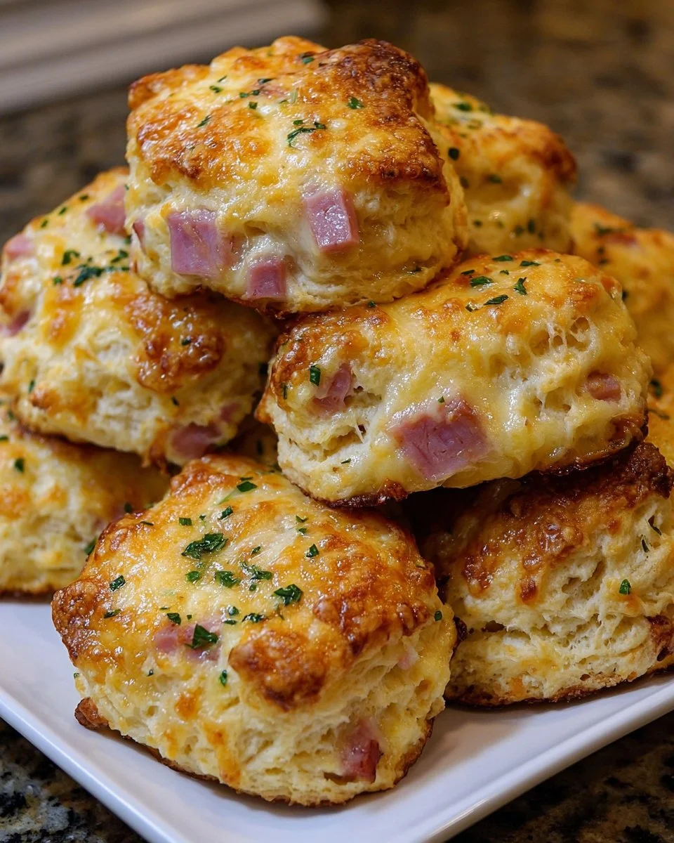 Delicious homemade ham and cheese butter biscuits on a plate.