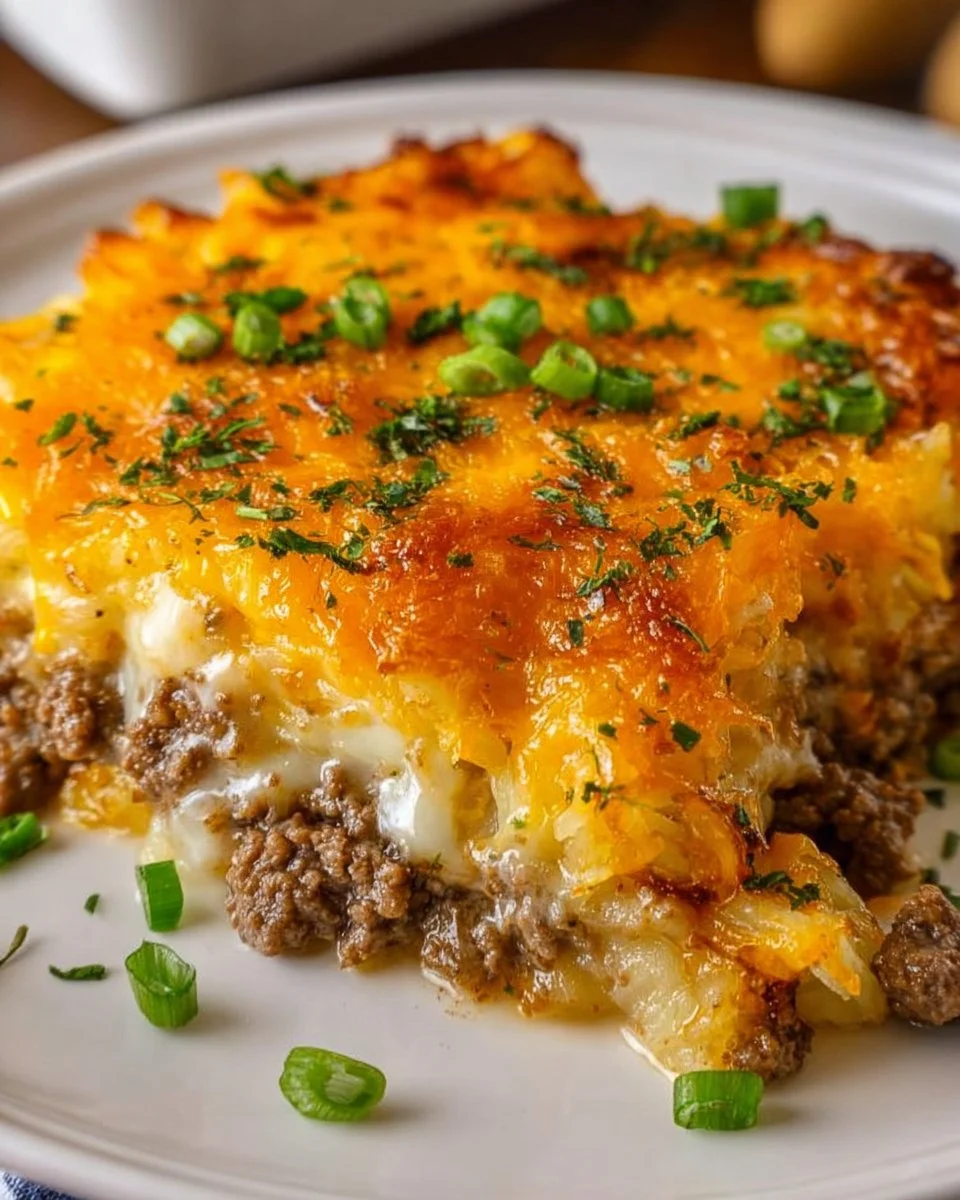 Savory Hamburger Hashbrown Casserole topped with crispy cheese and golden hashbrowns.