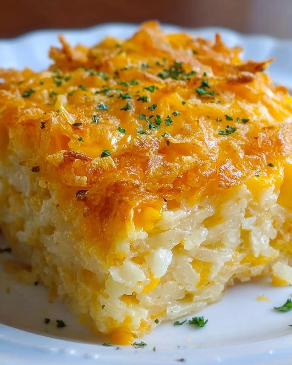 Delicious Hashbrown Casserole served in a baking dish