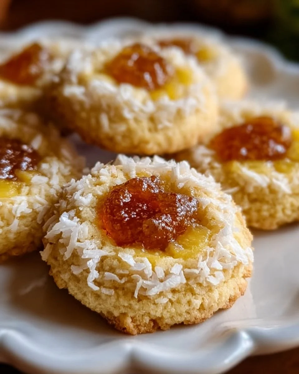 Hawaiian pineapple coconut thumbprint cookies on a festive plate.