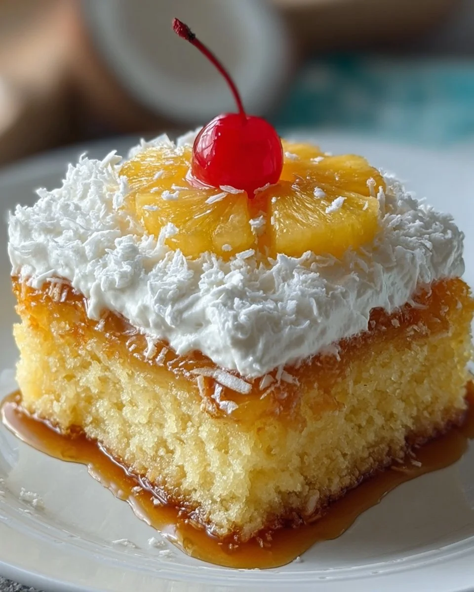 Slice of delicious Hawaiian pineapple poke cake topped with whipped cream and pineapple.