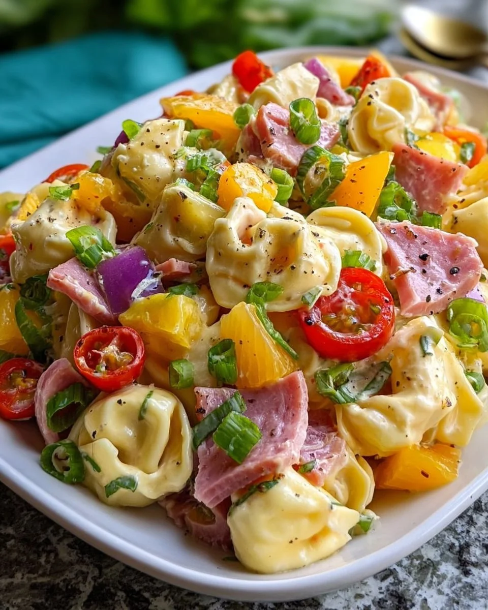 Colorful Hawaiian Tortellini Salad with tropical ingredients and pasta