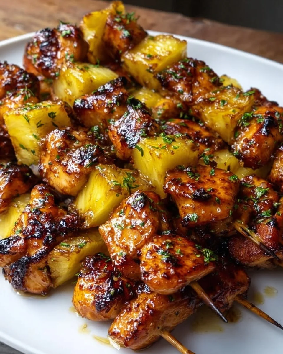 Delicious Honey Garlic Chicken and Pineapple Skewers served on a wooden platter.
