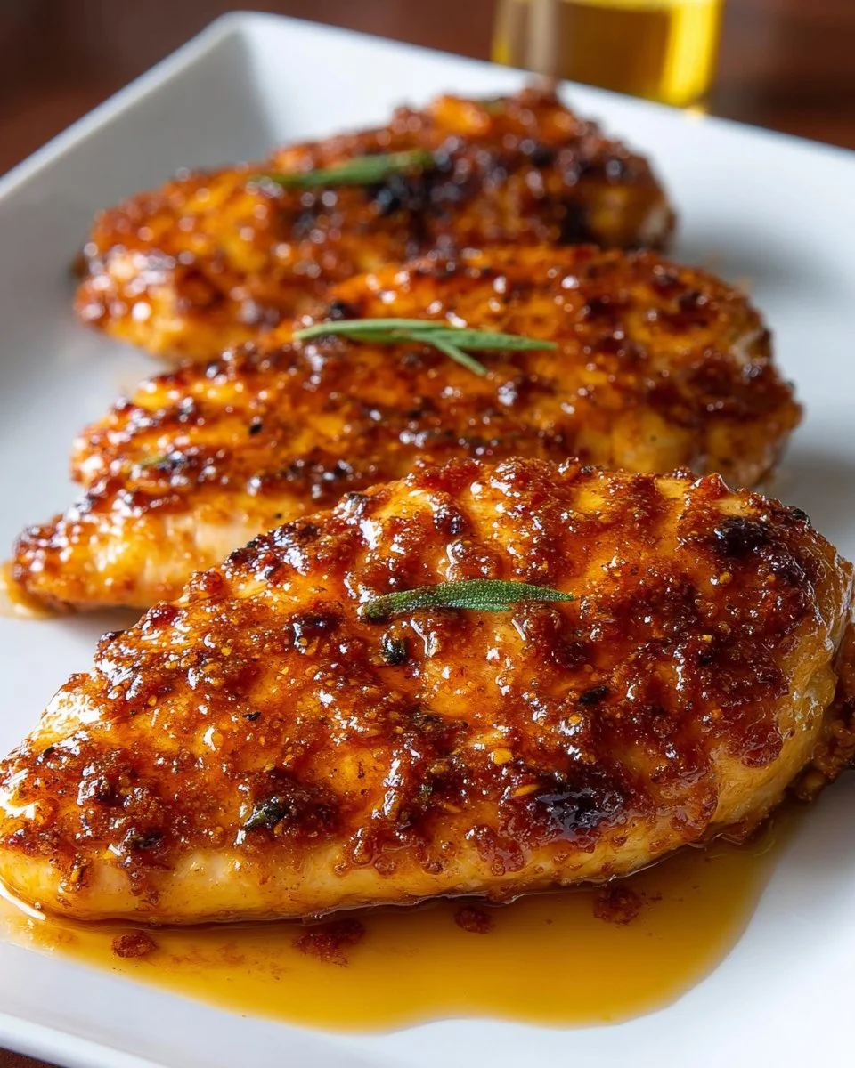 Delicious hot honey chicken breast served with fresh herbs and spices.